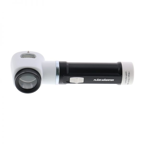 A side view of the black and white handheld flash magnifier, featuring the lens and the "Flash Magnifier" text on the body