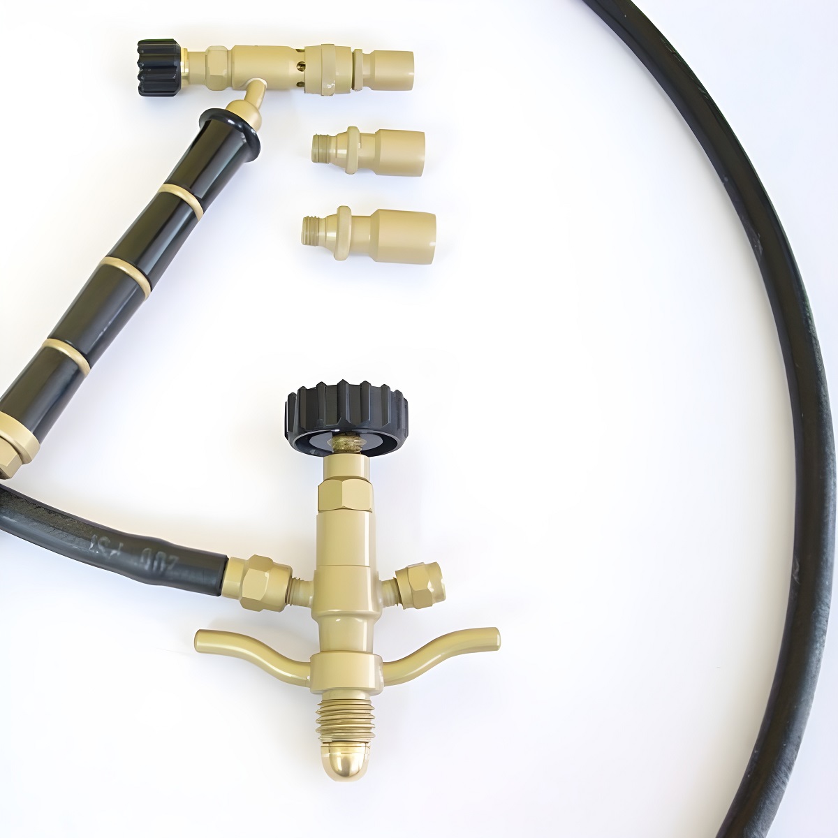  A top-down view of the welding kit components, showing the torch handle, regulator, and hose arranged on a white background