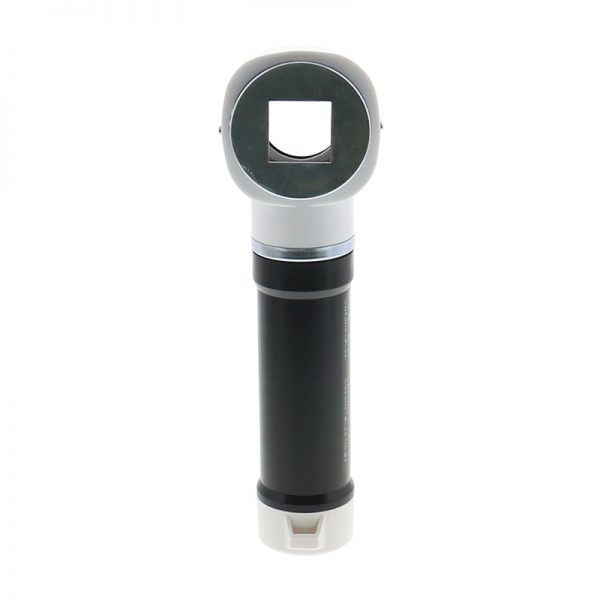 A white and black handheld jeweler's magnifier with a rectangular opening on the top, shown against a white background
