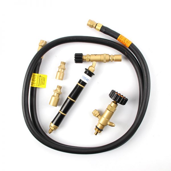 All components of the ORCA M75 CRD LPG gas jewelry soldering torch kit laid out, including the handle, hose, regulator, and multiple nozzles