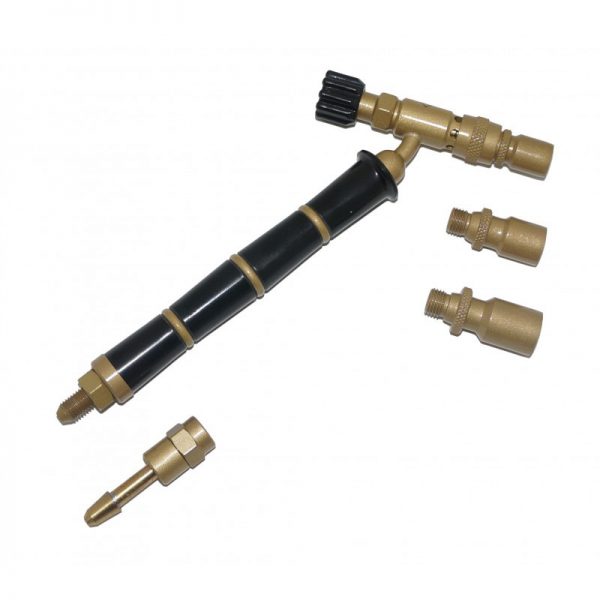 An ORCAM75 torch with a black handle and multiple golden accessories scattered on a white background
