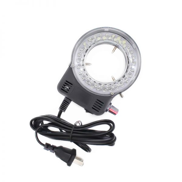 An angled view of a black 48 LED ring light for micro with its control box