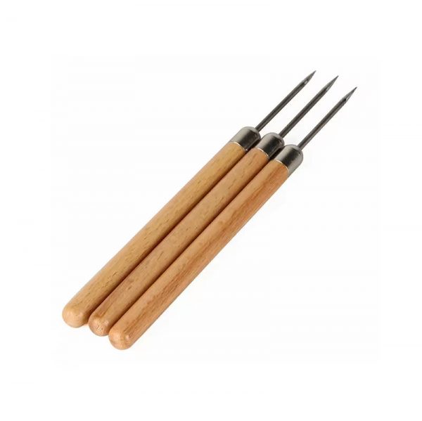 An elevated view of the Stuccler titanium solder picks, highlighting the wooden handles and welding tips