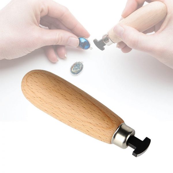 An inlay image showing the Stuccler bezel roller in action, a key component of this jewelry stone setting kit