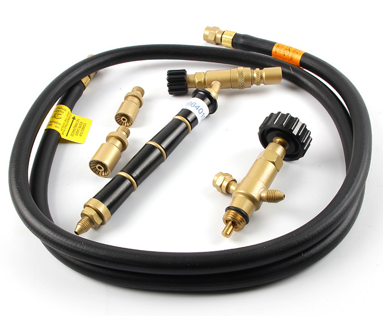 An overall layout of the ORCA M75 CRD torch kit, including the torch, hose, regulator, and various sized nozzles