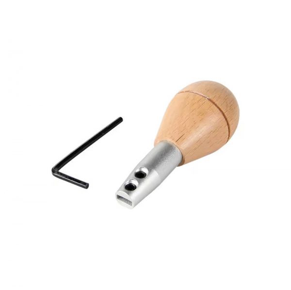 Angled view of a Stuccler lightweight graver handle, highlighting its aluminum quick-change mechanism and wooden grip with Allen wrench