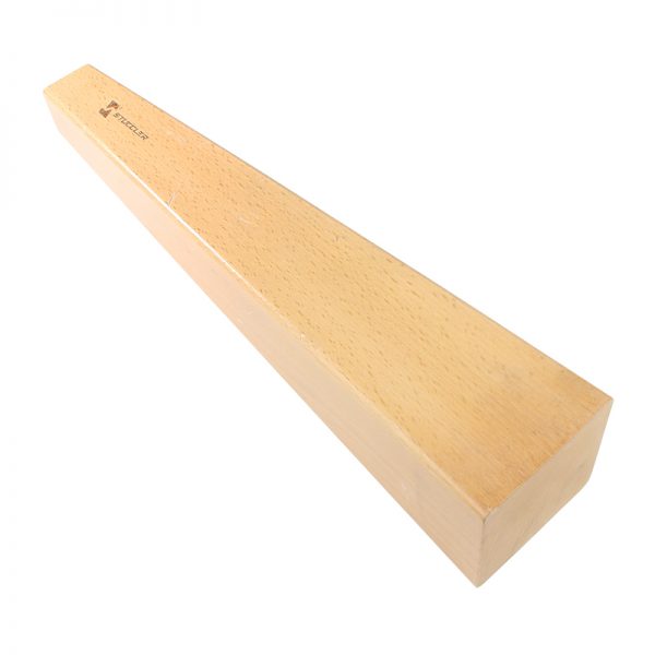 Angled view of a Stuccler® square tapered wooden bracelet mandrel, displaying its tapered shape and logo