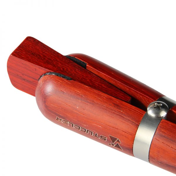 Close-up, angled view of the Stuccler® padauk hardwood ring clamp, highlighting the wood grain and leather-lined jaw