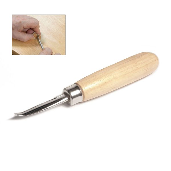 Close-up of a bent burnisher, a key tool in the Stuccler jewelry setting kit, with an inlay image showing it in use