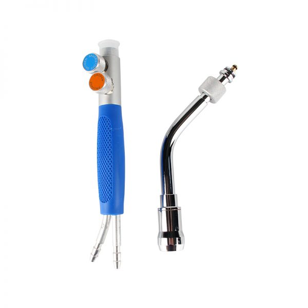 Close-up of the Stuccler torch handle with gas controls and one of the interchangeable micro-head tips