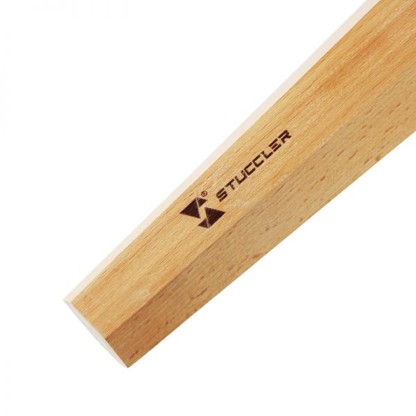 Close-up of the Stuccler® logo on the side of a square wooden bracelet mandrel