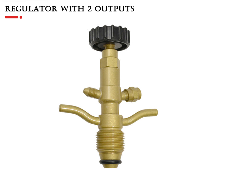 Close-up of the brass regulator with two outputs, featuring a black knob for adjustment, shown against a white background