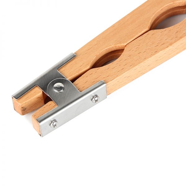 Close-up of the metal clamp end of a Stuccler® wooden outside ring holder, highlighting the construction