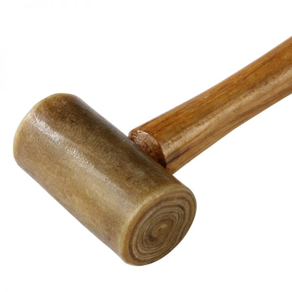 Close-up of the rawhide head of a Stucler mallet, showing the rolled leather construction