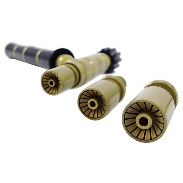 Close-up of the three different-sized torch nozzles, showing the fine details of their tips and internal design