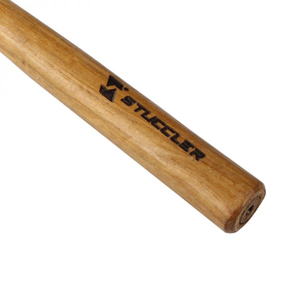 Close-up of the wooden handle of a Stucler rawhide mallet, showing the brand name and logo