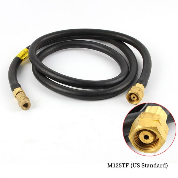 Coiled black ORCA M125TF (US Standard) torch gas hose with brass fittings and a connector close-up