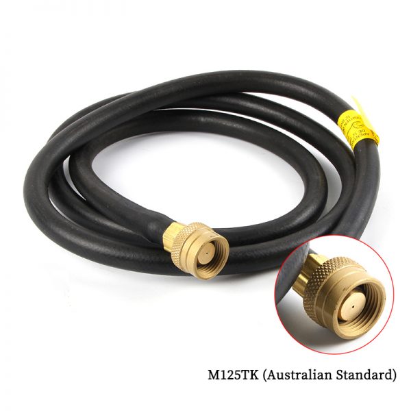 Coiled black gas hose for ORCA M125TK (Australian Standard) torch, with a connector close-up