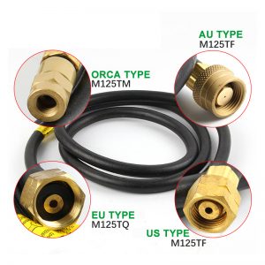 Collection of ORCA M125 series gas hoses showing AU (M125TF), ORCA (M125TM), EU (M125TQ), and US (M125TF) types