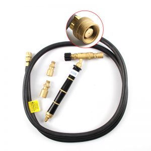 A complete ORCA M75 torch kit with the torch, hose, and two spare tips laid out on a white background
