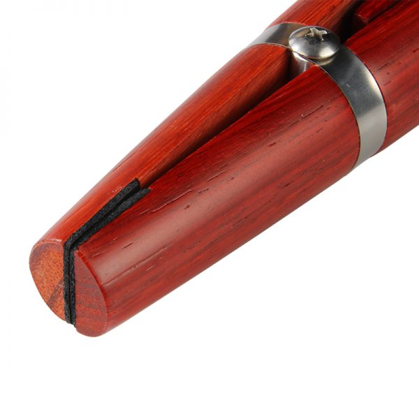 Detailed view of the metal screw and clamp ring on the Stuccler® padauk hardwood ring clamp, showing the slotted end