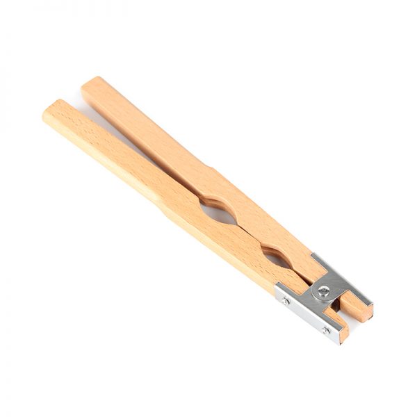 Diagonal view of a Stuccler® wooden ring holder, emphasizing its ergonomic handle and metal clamp