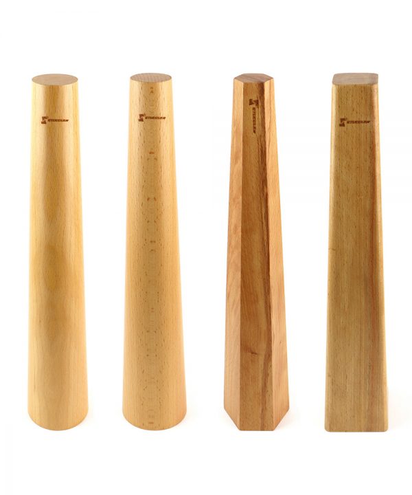 Four Stuccler® wooden bracelet mandrels in different shapes: round tapered, round straight, square tapered, and square straight