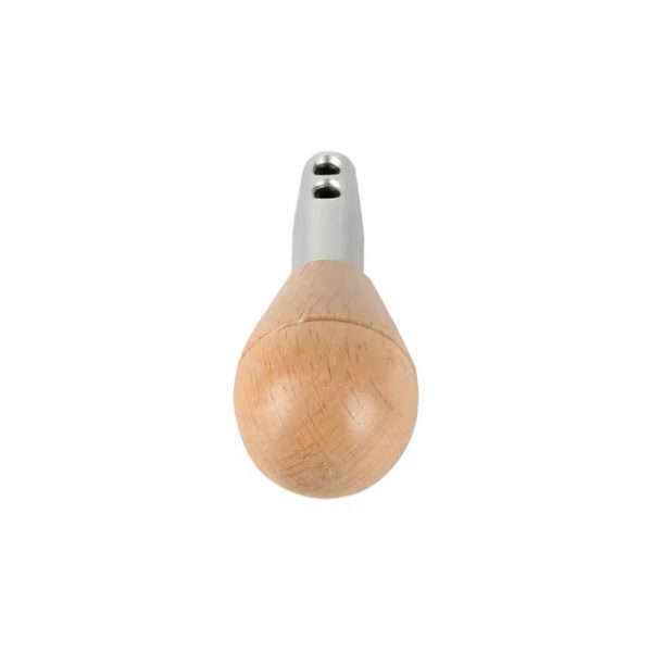 Front-facing close-up of a Stuccler aluminum graver handle with a comfortable wooden knob