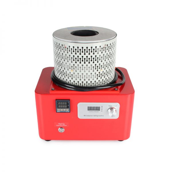 Front view of a mini induction melting machine, showing the digital control panel and power knob