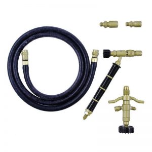 Full kit view, including the torch handle, hose, regulator, and three interchangeable nozzles laid out on a white surface
