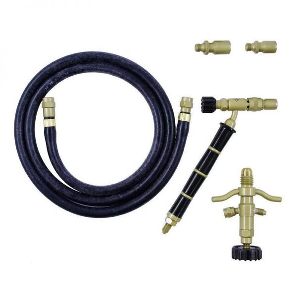 Full kit view, including the torch handle, hose, regulator, and three interchangeable nozzles laid out on a white surface