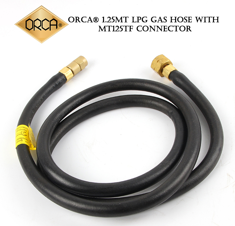 Full view of the ORCA 1.25m LPG gas hose with M125TF US Standard connectors