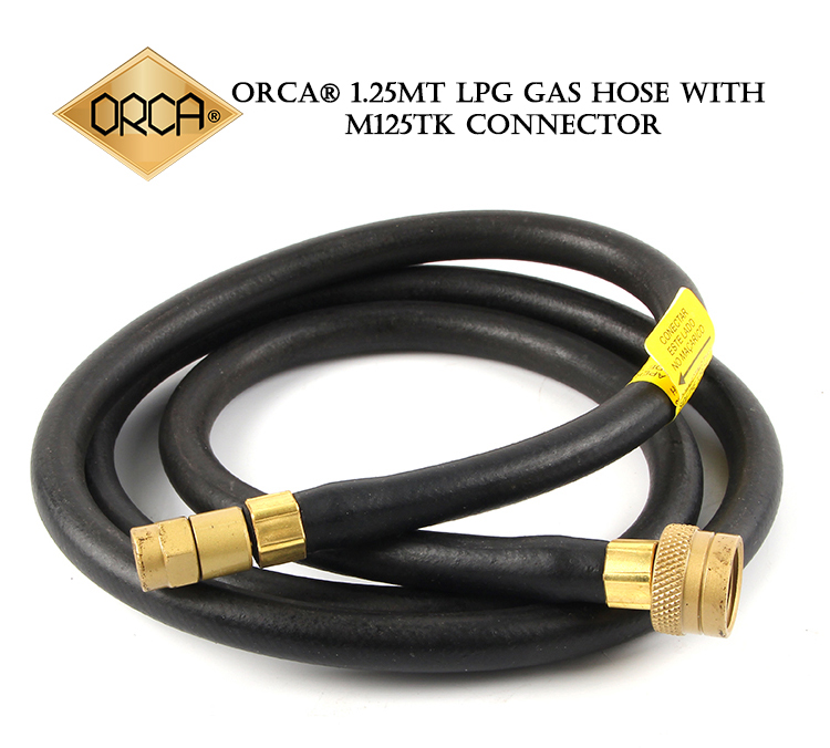 Full view of the ORCA 1.25m LPG gas hose with M125TK Australian Standard connector