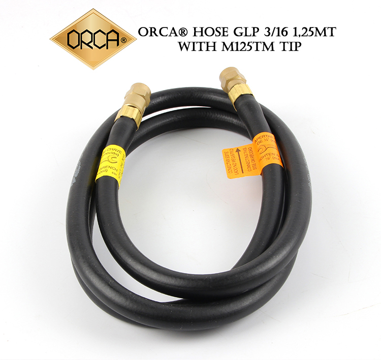 Full view of the ORCA 1.25m LPG gas hose with M125TM ORCA Standard connectors