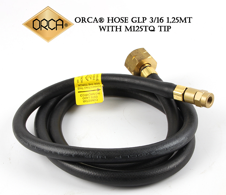 Full view of the ORCA 1.25m LPG hose with M125TQ European Standard fittings and labeling