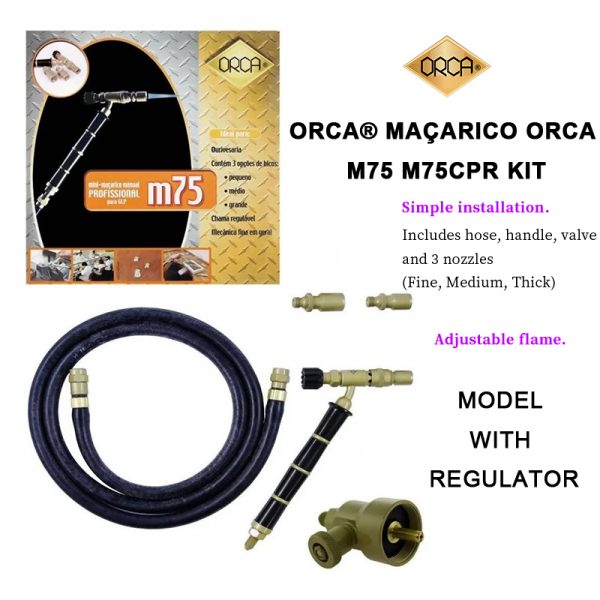 ORCA M75 CPR welding torch kit with Portuguese packaging text, highlighting features like simple installation and an adjustable flame