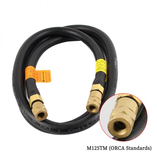 ORCA standard M125TM torch gas hose coiled, featuring a magnified view of the brass connector