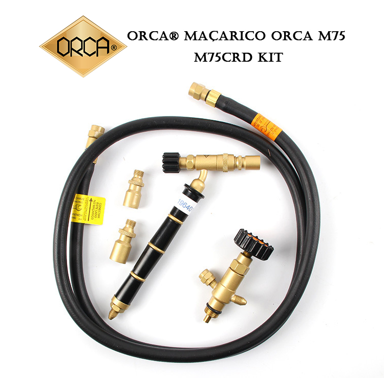 Overhead shot of the complete ORCA M75 CRD torch kit, including the handle, hose, regulator, and multiple nozzles