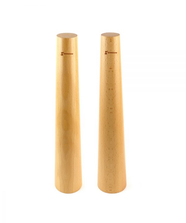 Pair of Stuccler® round tapered wooden bracelet mandrels, side by side, showing their smooth finish