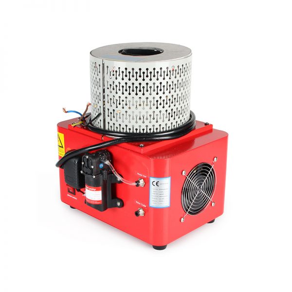 Rear-side view of the jewelry induction melting furnace, with a built-in cooling fan, water pump, and water connections
