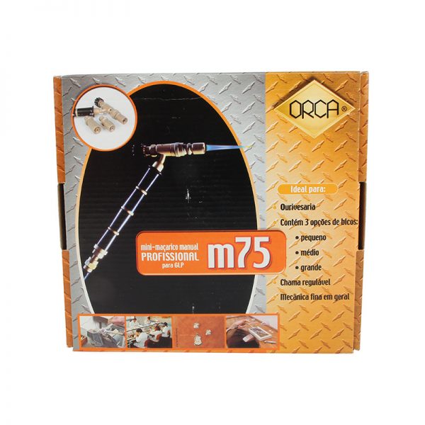 The retail box for the ORCA M75 mini torch featuring product photos and descriptions in Portuguese