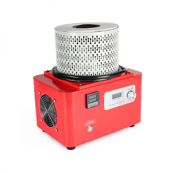 Side view of the mini induction melting machine, clearly showing the control panel, cooling fan, and power switch