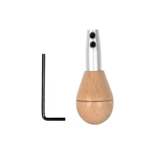 Stuccler graver handle with a wooden handle and aluminum body, viewed from the front, alongside the Allen wrench
