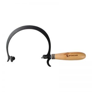 Stuccler® Jewelers Curved Saw Frame with a natural wooden handle, a curved black frame, and a blade screw