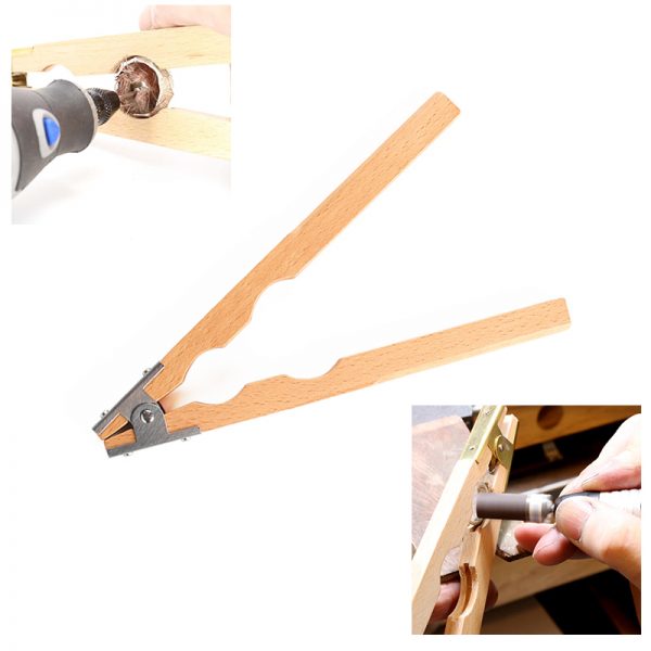 Stuccler® wood ring holder with inset images showing it being used for inside ring polishing with rotary tools