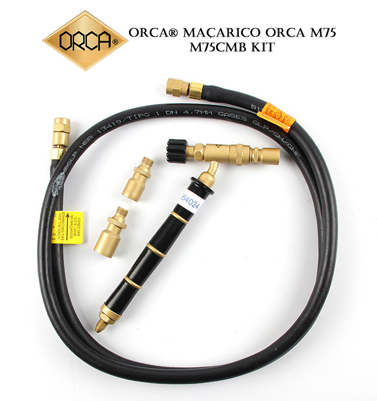 The ORCA M75 CMB kit: a complete view of the torch, three nozzles, and the gas hose