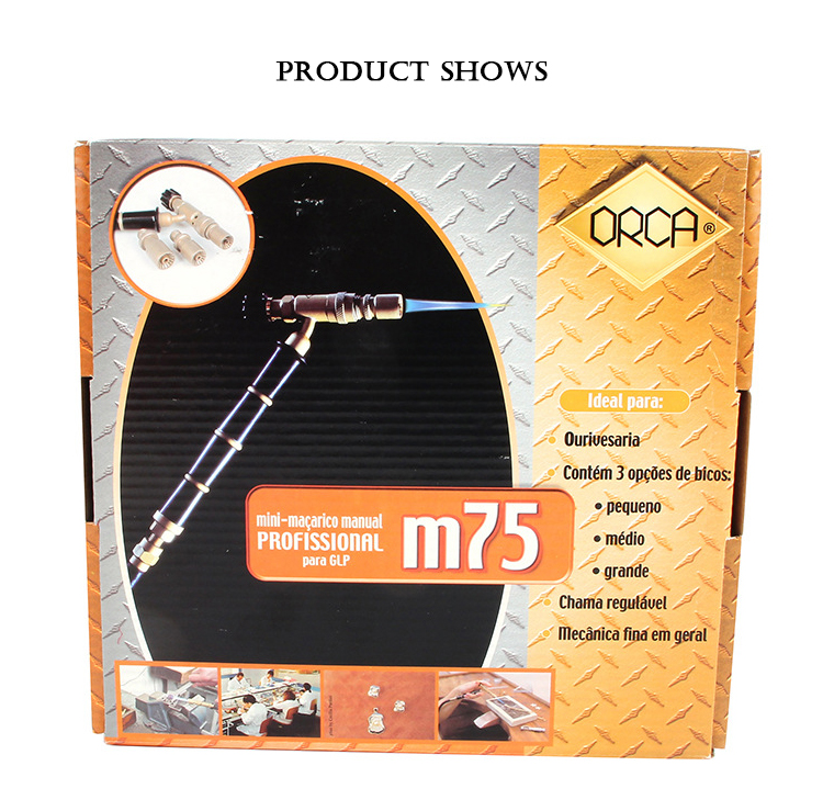 The ORCA M75 CMG torch kit packaging box, highlighting its features and suitability for jewelry making with different nozzle sizes