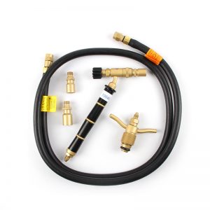 The ORCA M75 CPA welding torch kit with the torch, two nozzles, a regulator, and a hose, arranged in a circle on a white background