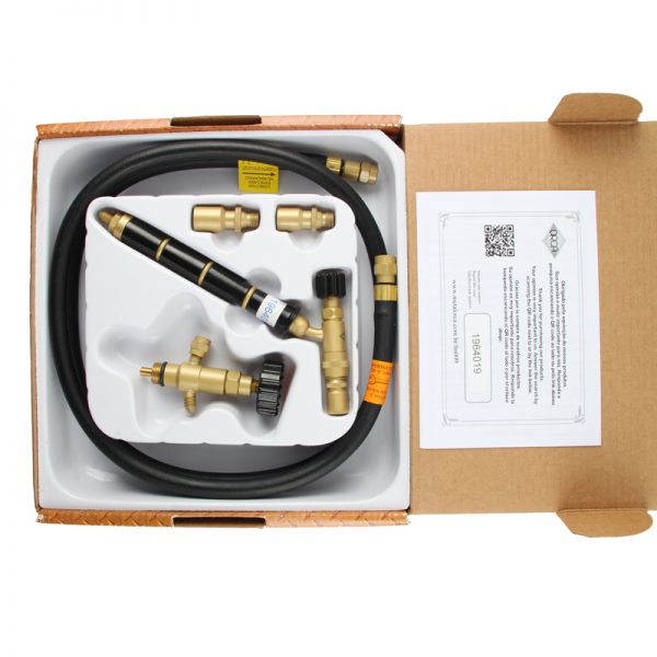 The ORCA M75 CRD jewelry soldering torch kit inside its box, showing the handle, hose, regulator, and nozzles