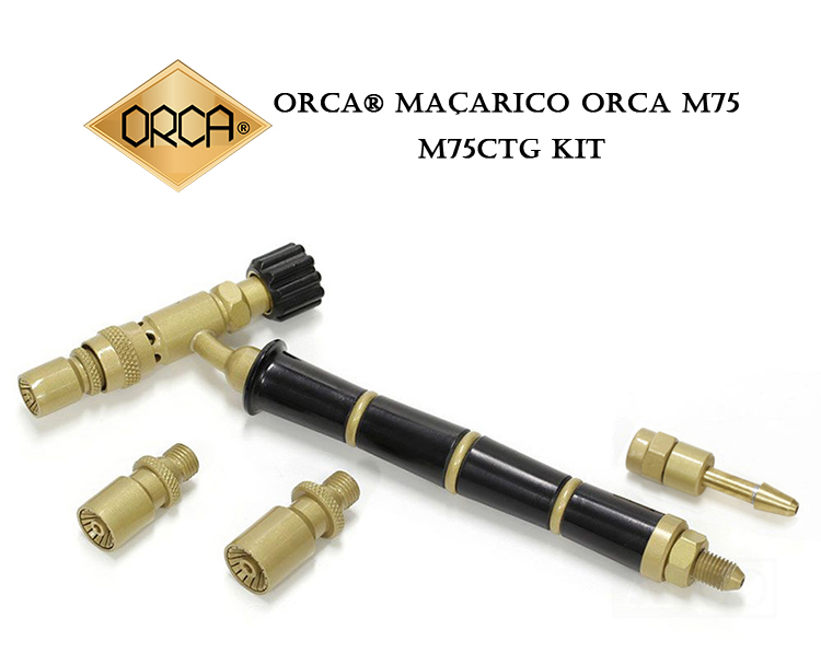 The ORCA M75 M75CTG KIT jeweler's torch and its accessories, with the product name labeled in Portuguese and English